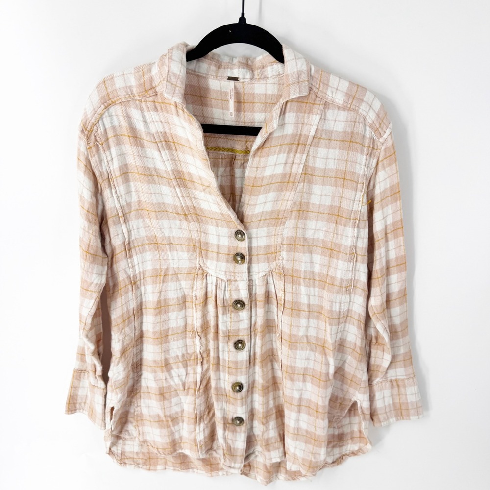 Free People Plaid Button Down Blouse Pink White Wool Blend OB889606 Womens XS